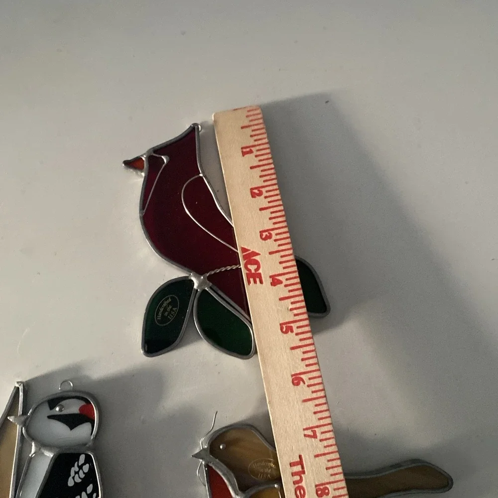 Lot of 3 Stained Glass Handcrafted Birds Cardinal Woodpecker Robin Suncatchers